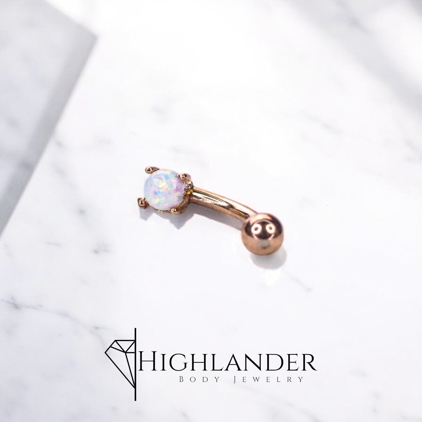 Rose Gold Prong Set White Opal Eyebrow Curved Barbell