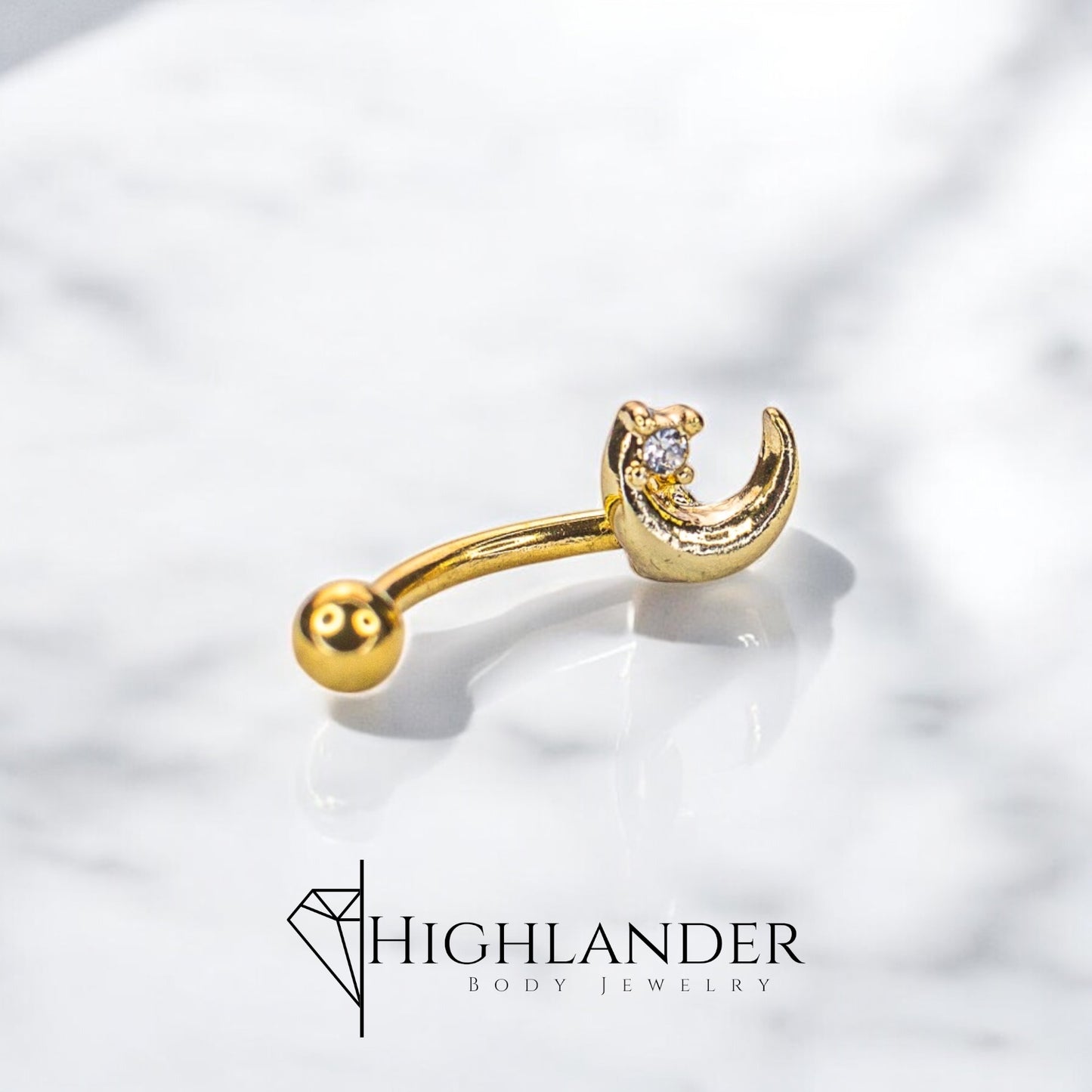 Gold Crescent Moon with Clear CZ Eyebrow Curved Barbell