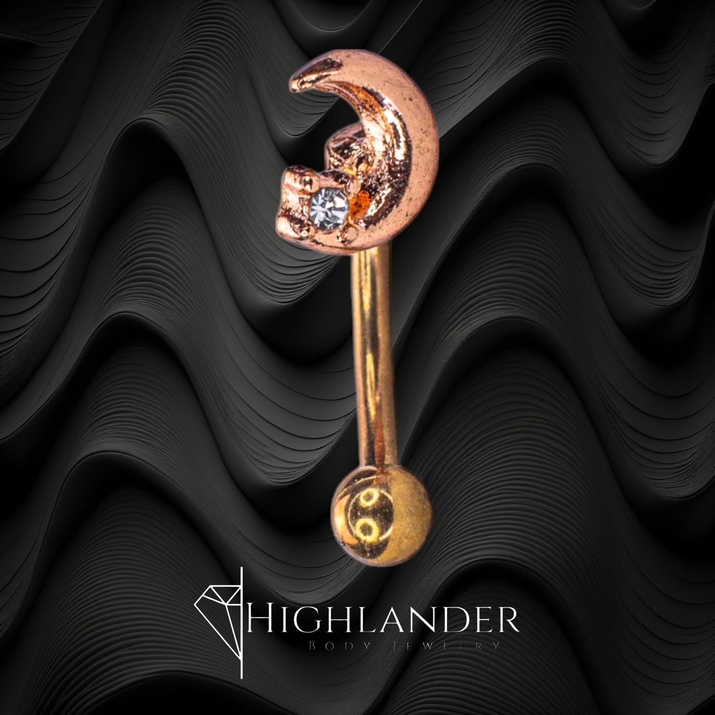 Rose Gold Crescent Moon with Clear CZ Eyebrow Curved Barbell