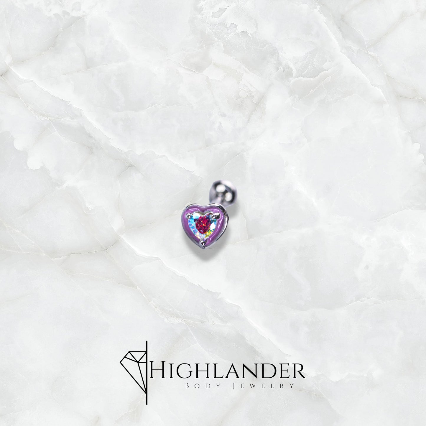 Purple Enamel Heart with Aurora Borealis Heart CZ Straight Tongue