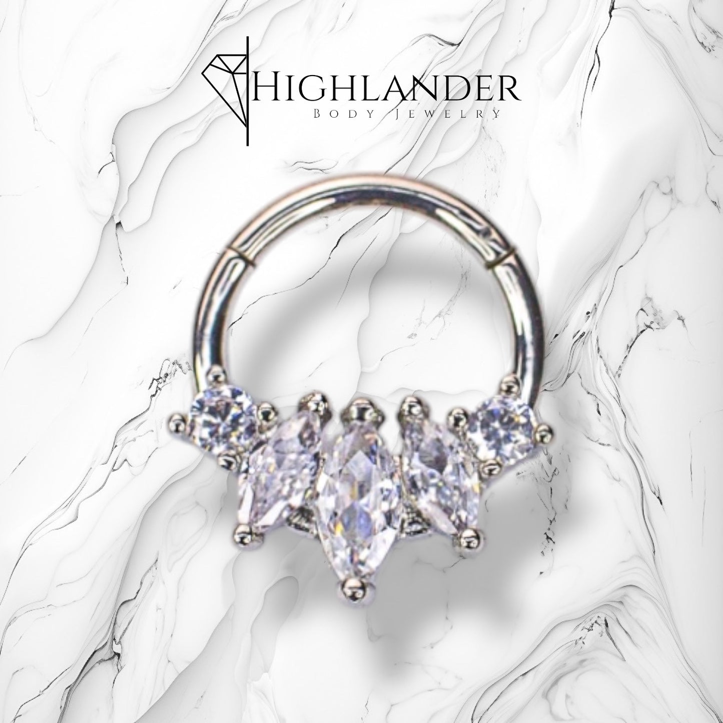 Three Marquise Cut Clear CZ with Two Round CZ Septum Clicker Ring