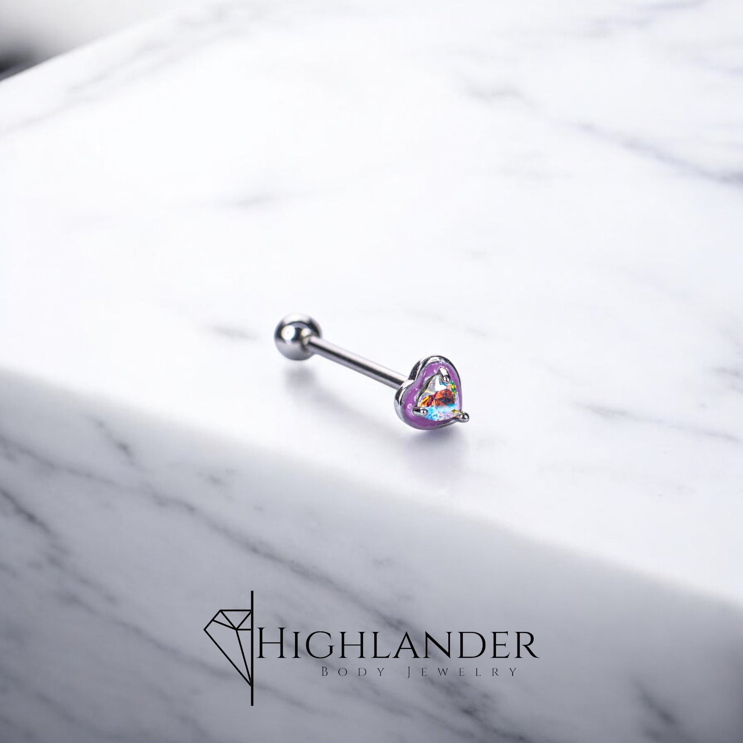 Purple Enamel Heart with Aurora Borealis Heart CZ Straight Tongue