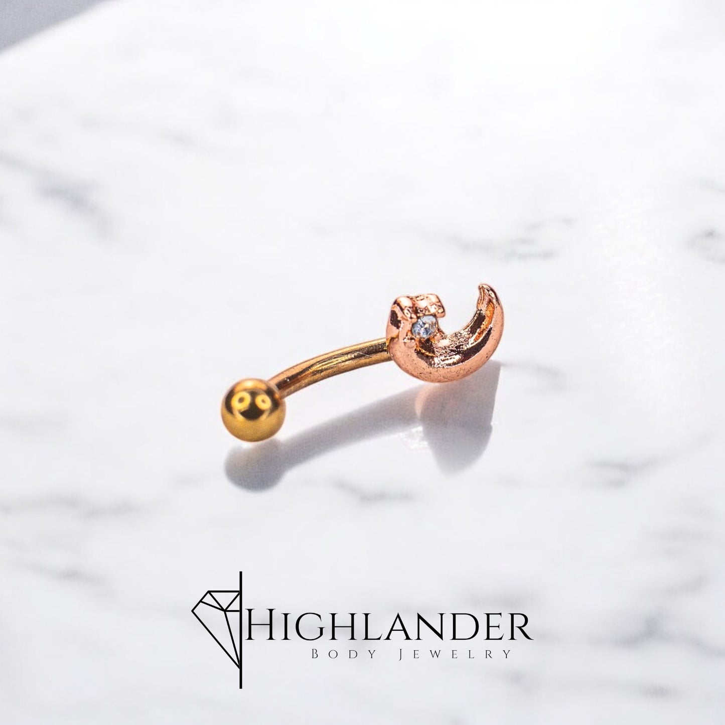 Rose Gold Crescent Moon with Clear CZ Eyebrow Curved Barbell