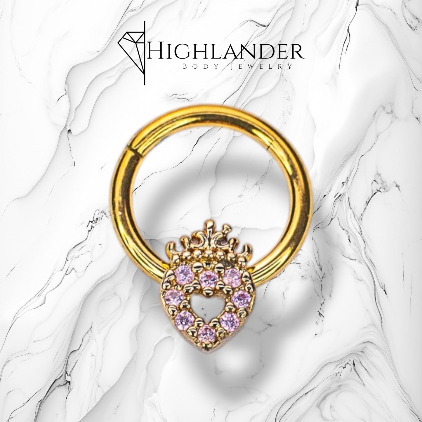 Gold Pink CZ Heart with Crown Septum Clicker Ring