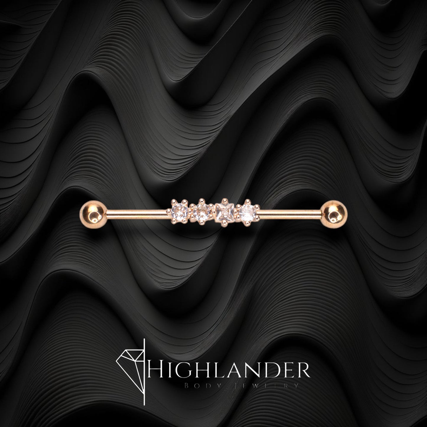 Rose Gold IP Three Round and One Square Clear CZ Industrial Barbell