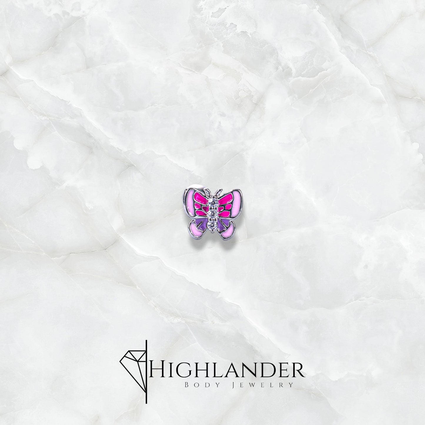 Pink Enamel Butterfly with Clear CZ Straight Tongue