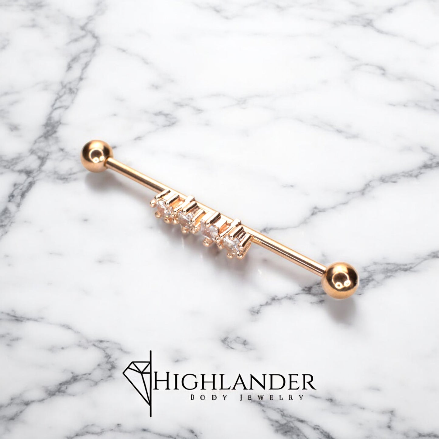 Rose Gold IP Three Round and One Square Clear CZ Industrial Barbell