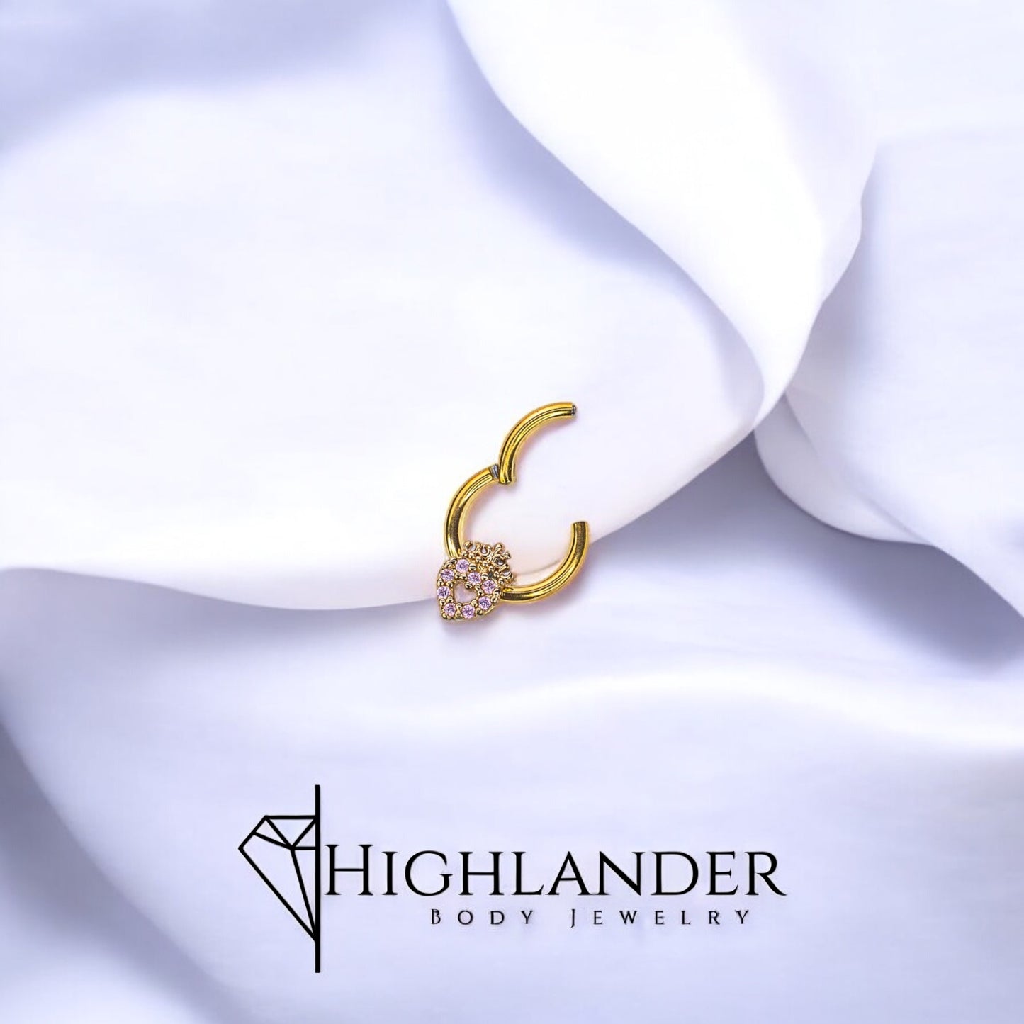 Gold Pink CZ Heart with Crown Septum Clicker Ring