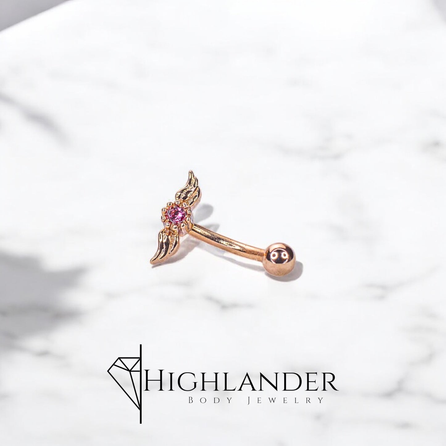 Rose Gold Wings with Pink CZ Eyebrow Curved Barbell