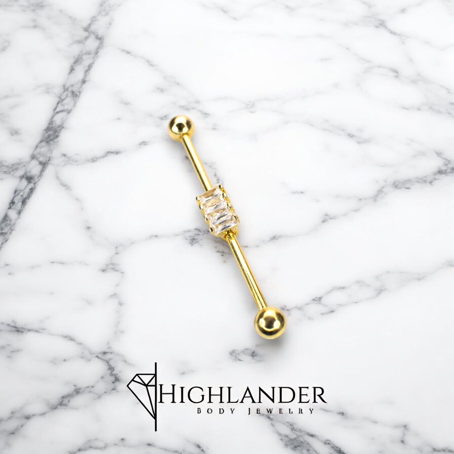 Gold Four Baguette Cut Clear CZ Industrial Barbell