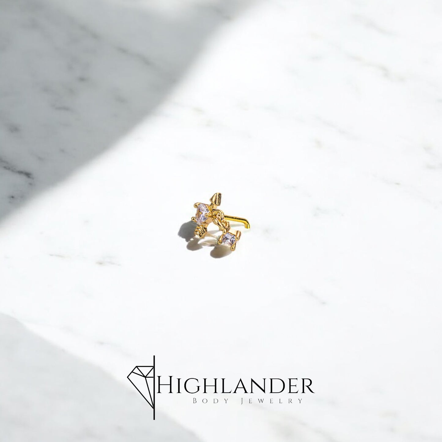 Gold Clear CZ Heart with Arrow Dangle Nose Stud