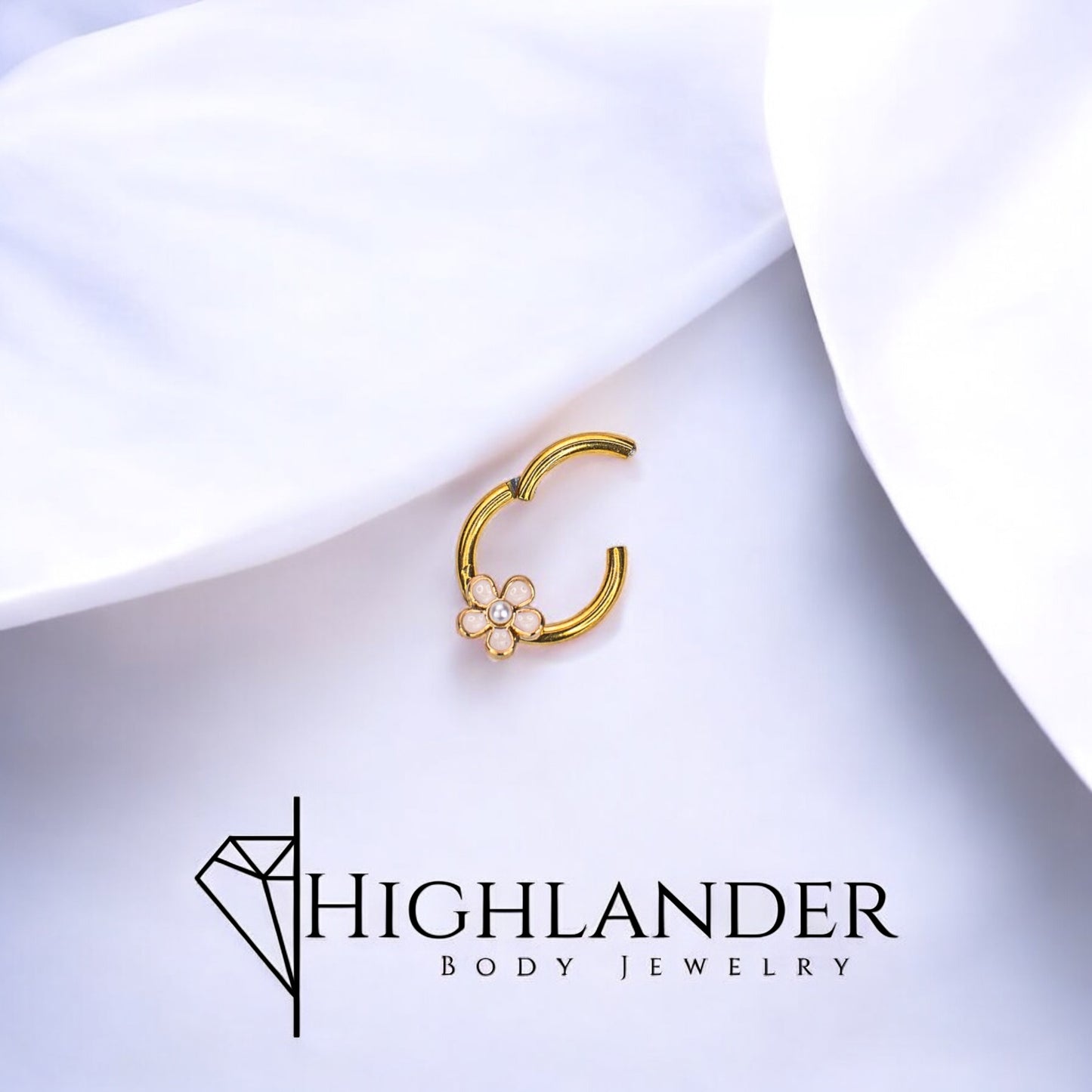 Gold White Enamel Flower with Clear CZ Septum Clicker Ring