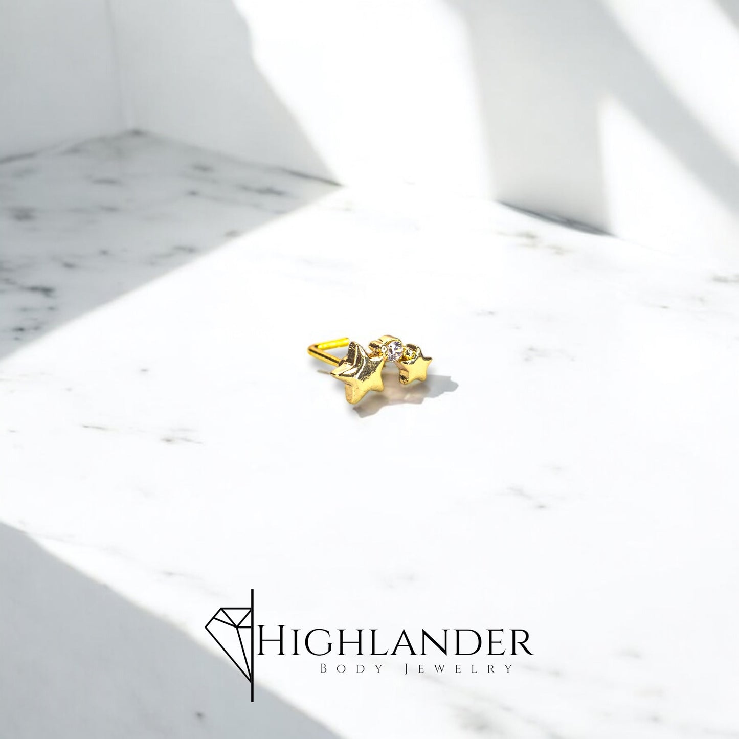 Gold Double Star with Clear CZ Nose Stud