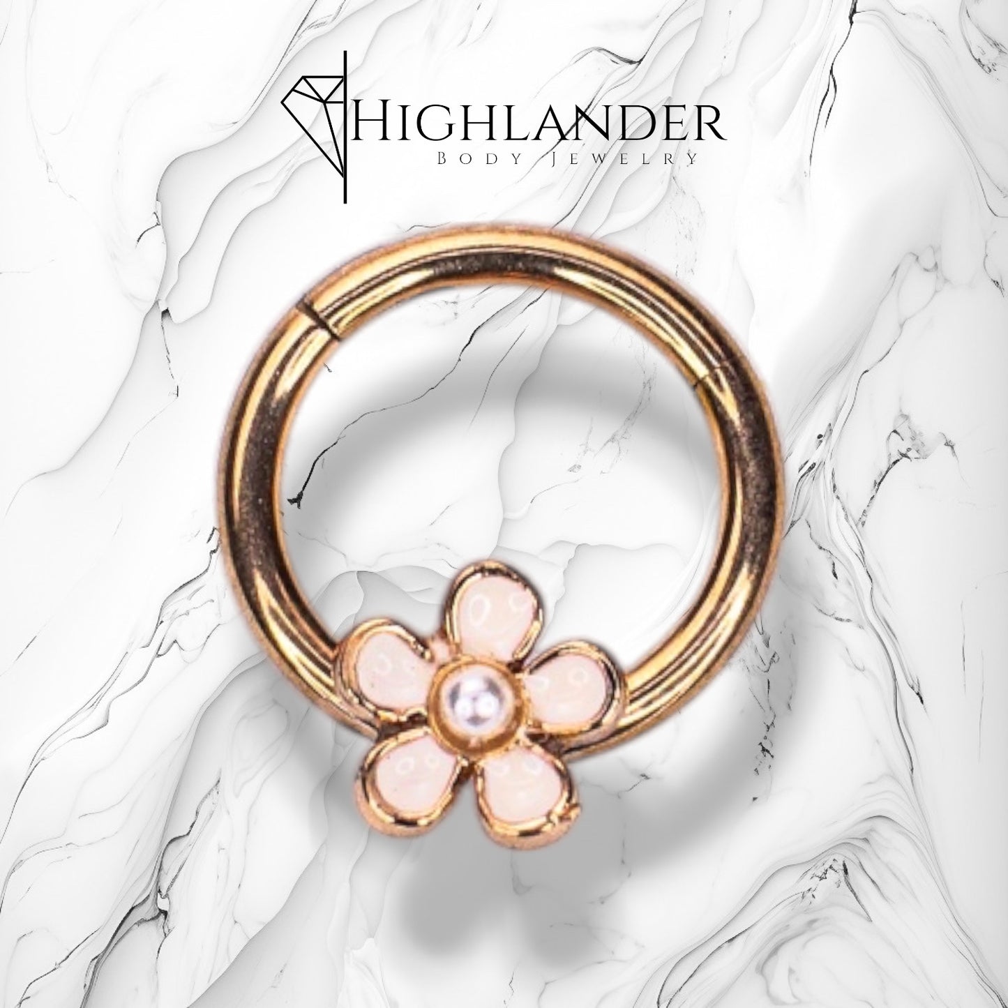 Rose Gold White Enamel Flower with Clear CZ Septum Clicker Ring