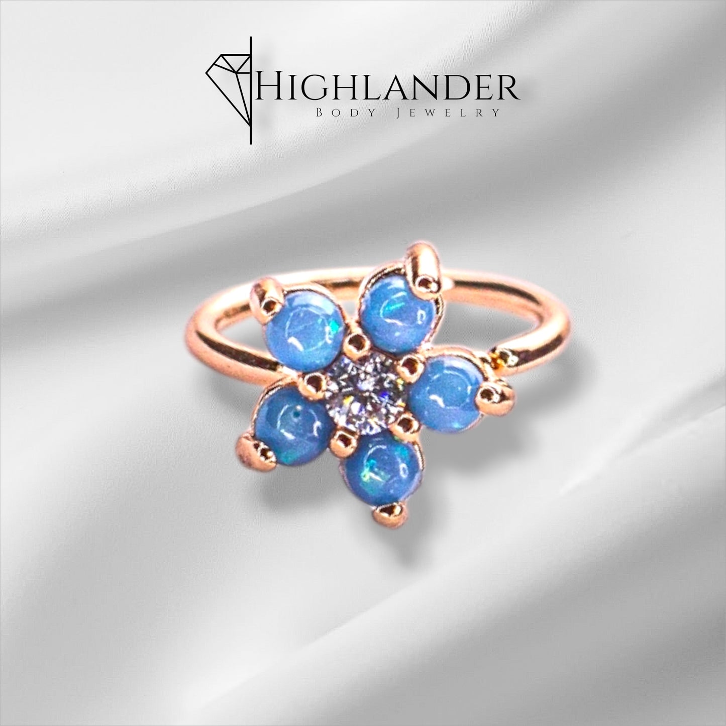 Rose Gold Blue Opal Flower with Clear CZ Center Nose Hoop