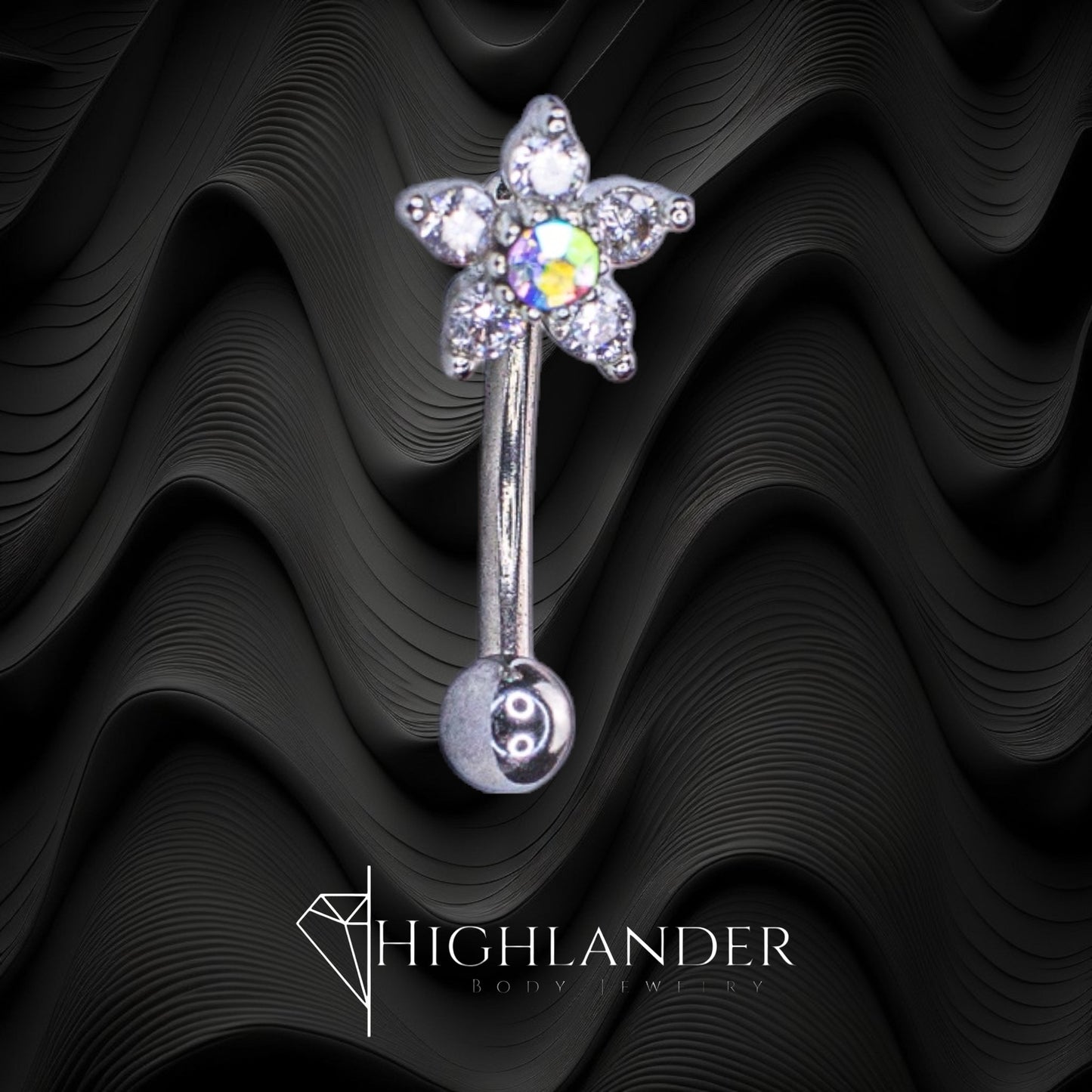 Clear CZ Flower with Aurora Borealis CZ Center Eyebrow Curved Barbell