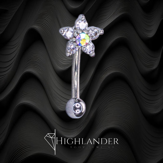 Clear CZ Flower with Aurora Borealis CZ Center Eyebrow Curved Barbell