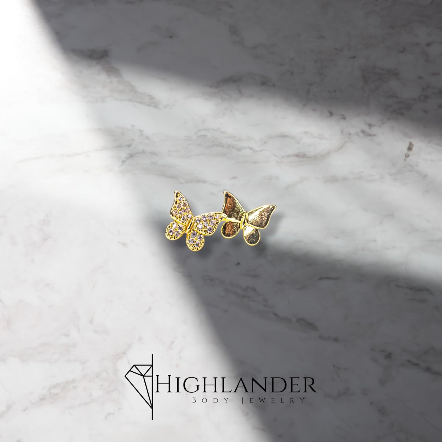 Gold Clear CZ Paved Butterfly and Solid Butterfly Nose Stud