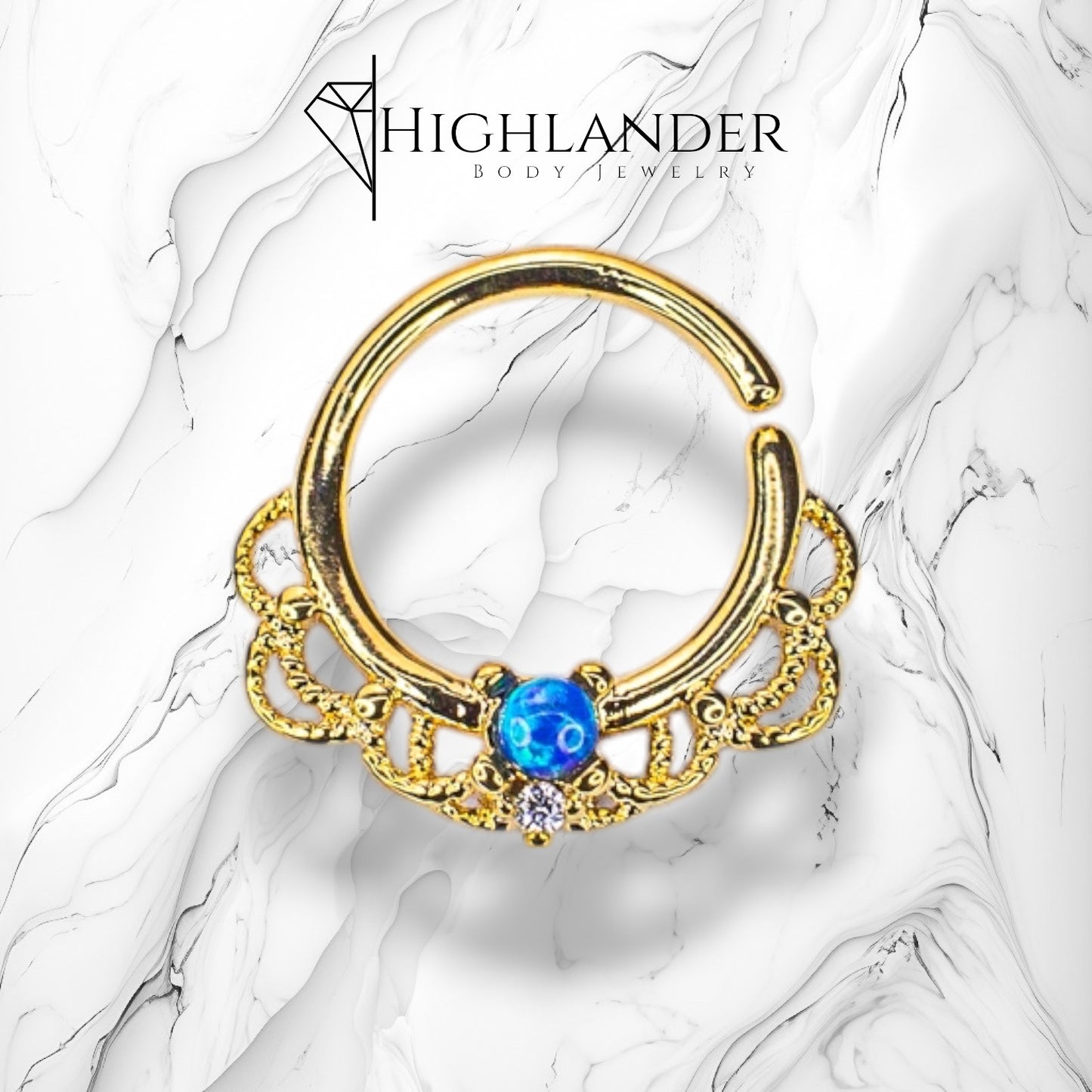 Gold Aqua Opal Centered Filigree Bendable Nose Hoop