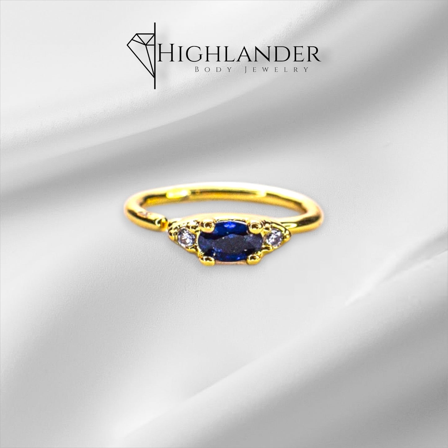 Gold Oval Sapphire Blue CZ with Clear CZ Nose Hoop