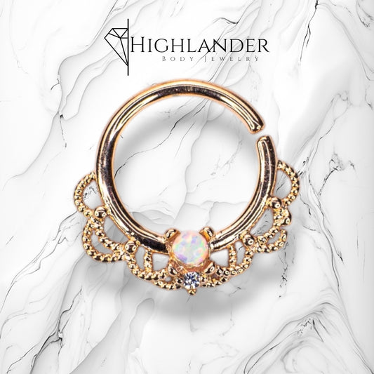 Rose Gold White Opal Centered Filigree Bendable Nose Hoop