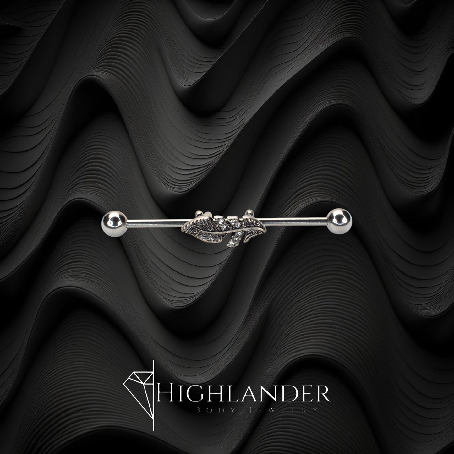 Feathered Leaf with Clear CZ Industrial Barbell