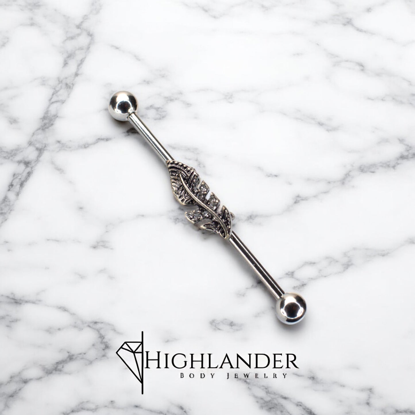 Feathered Leaf with Clear CZ Industrial Barbell