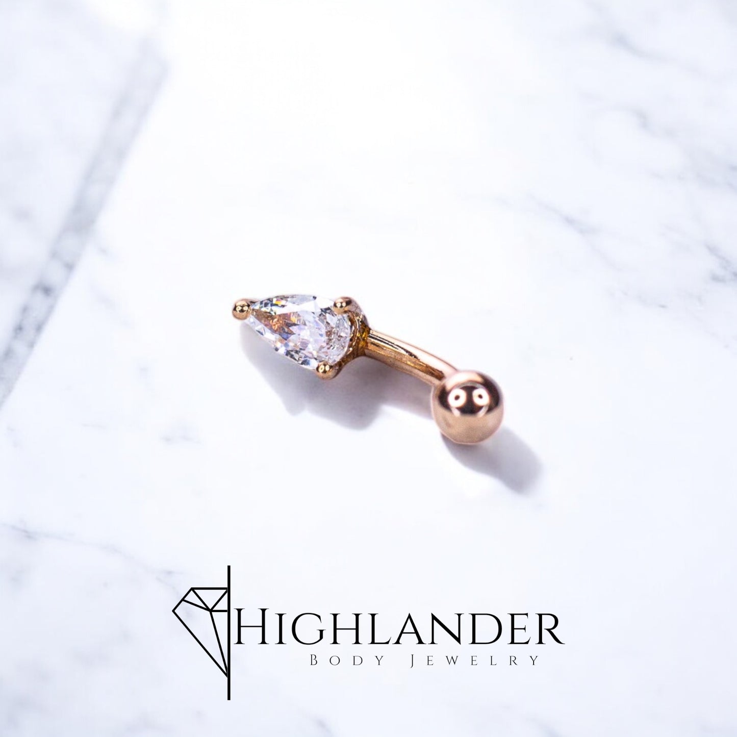 Rose Gold Prong Set Clear CZ Teardrop Eyebrow Curved Barbell