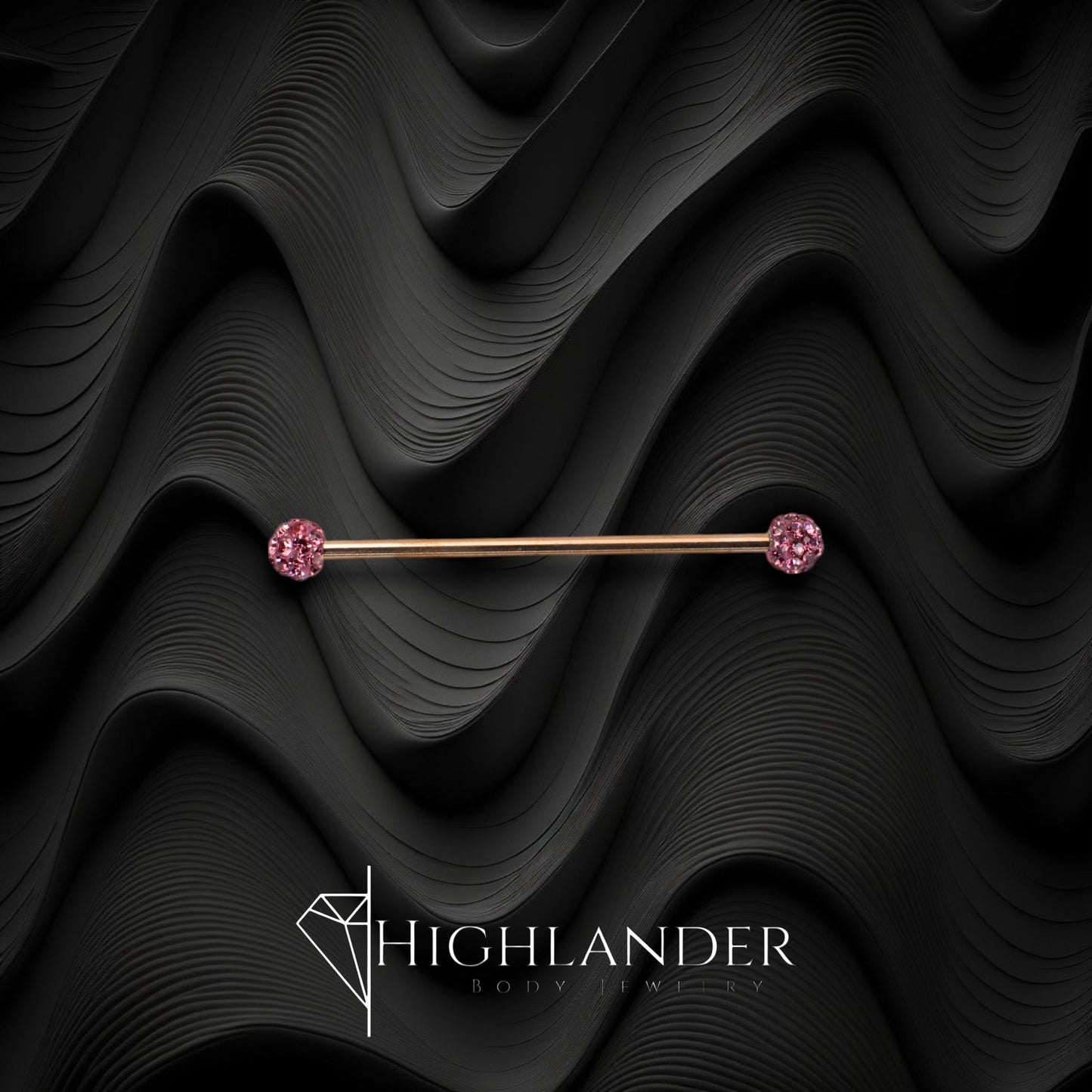 Rose Gold IP with Pink CZ Paved Ball Ends Industrial Barbell