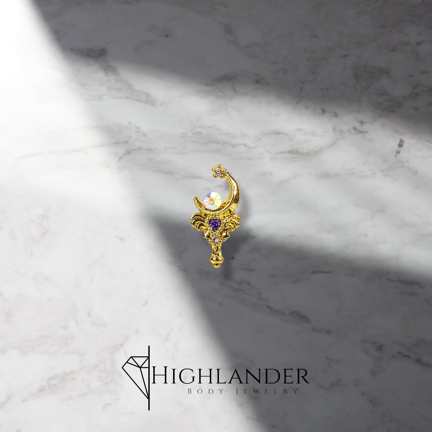 Gold Crescent Moon with Winged Purple CZ Nose Stud