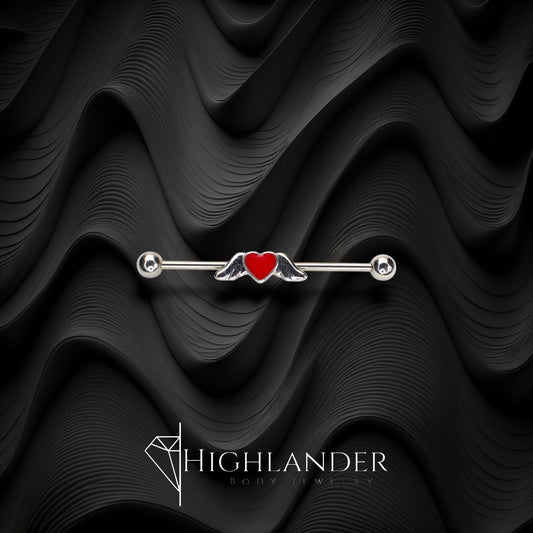 Red Enamel Heart with Angel Wings Industrial Barbell