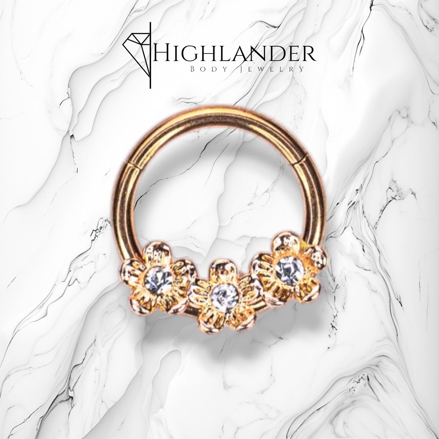 Rose Gold Triple Clear CZ Centered Flower Septum Clicker Ring