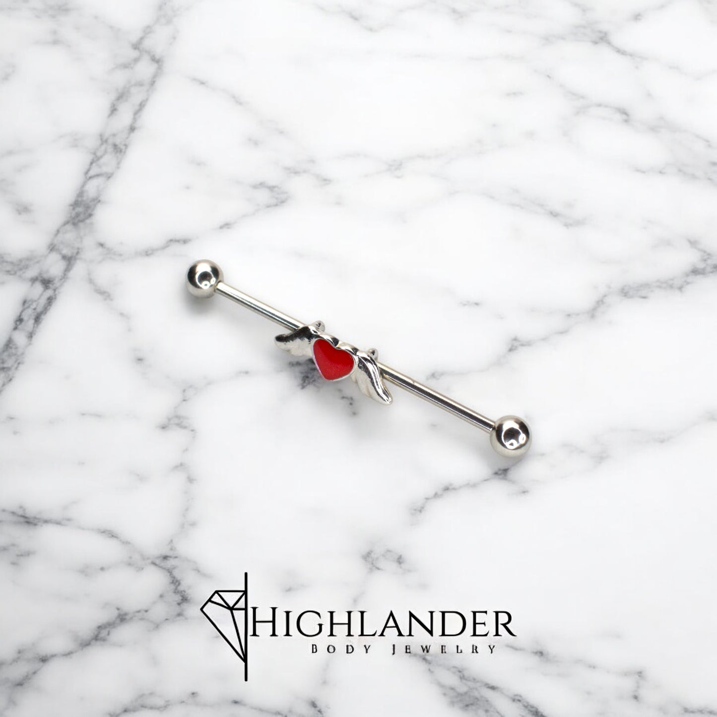 Red Enamel Heart with Angel Wings Industrial Barbell