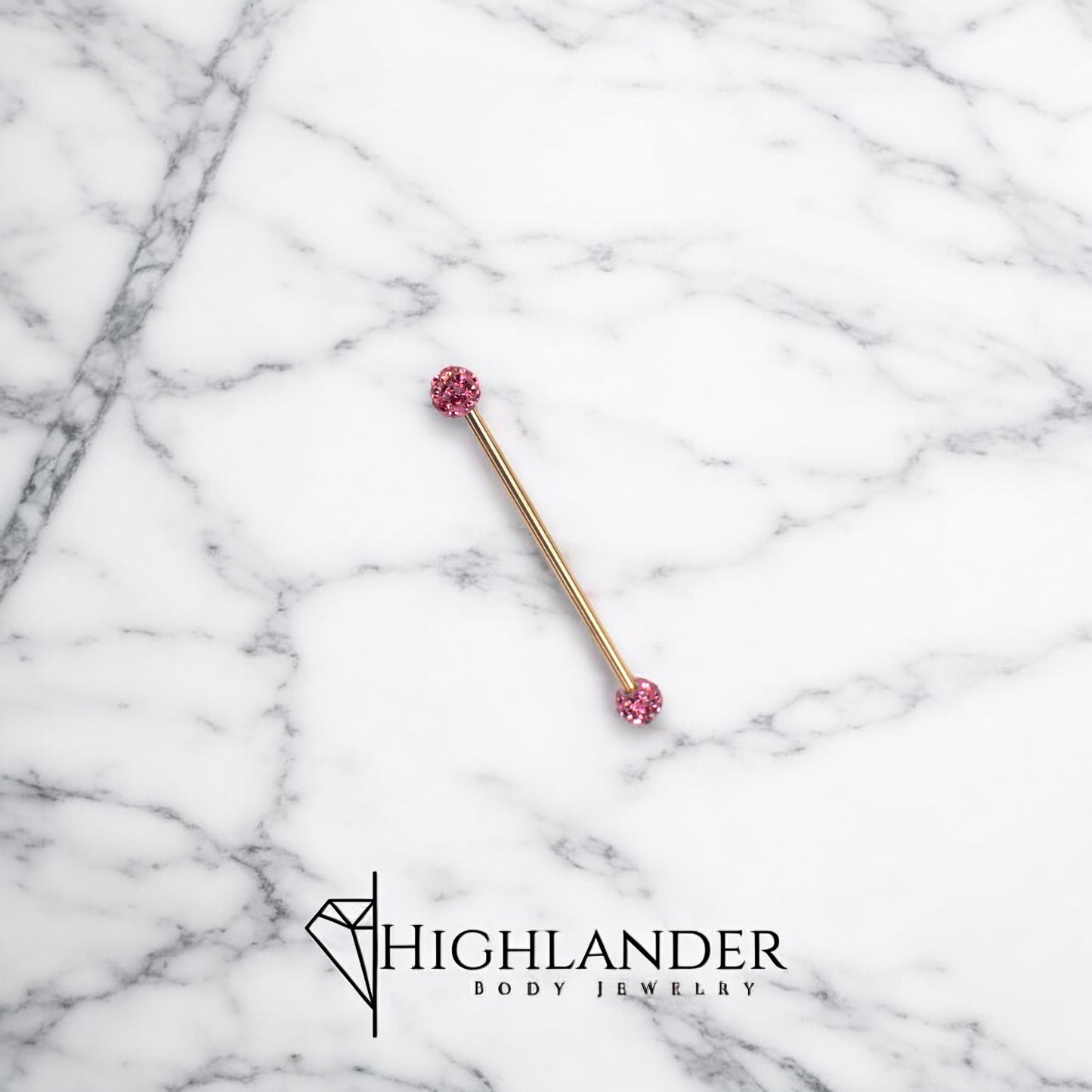 Rose Gold IP with Pink CZ Paved Ball Ends Industrial Barbell