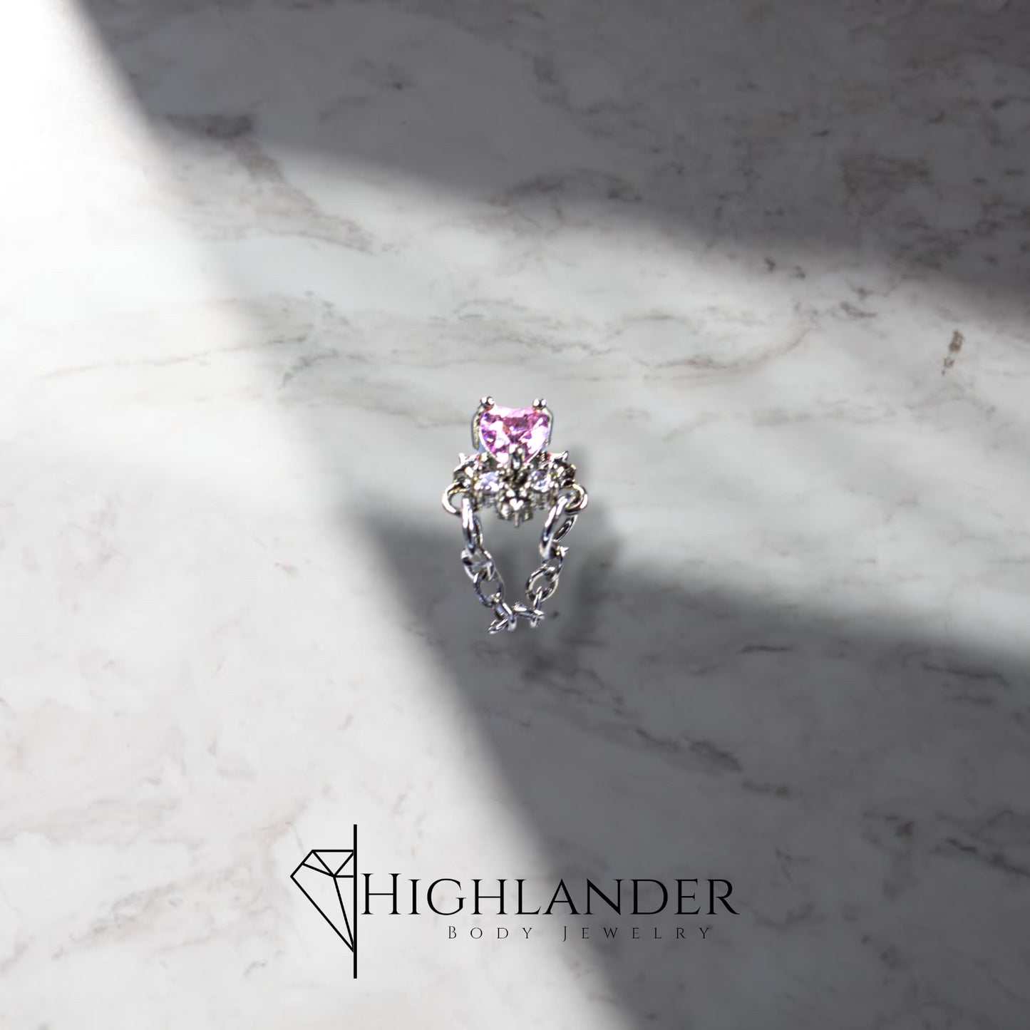 Pink CZ Heart with Chain Dangle Nose Stud