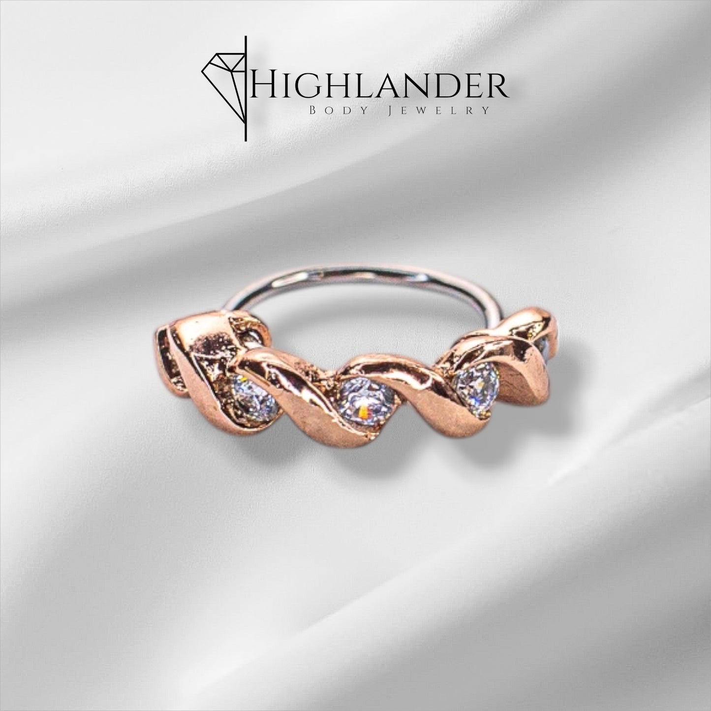 Rose Gold Clear CZ Twisted Half Circle Nose Hoop