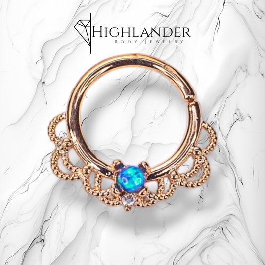 Rose Gold Aqua Opal Centered Filigree Bendable Nose Hoop