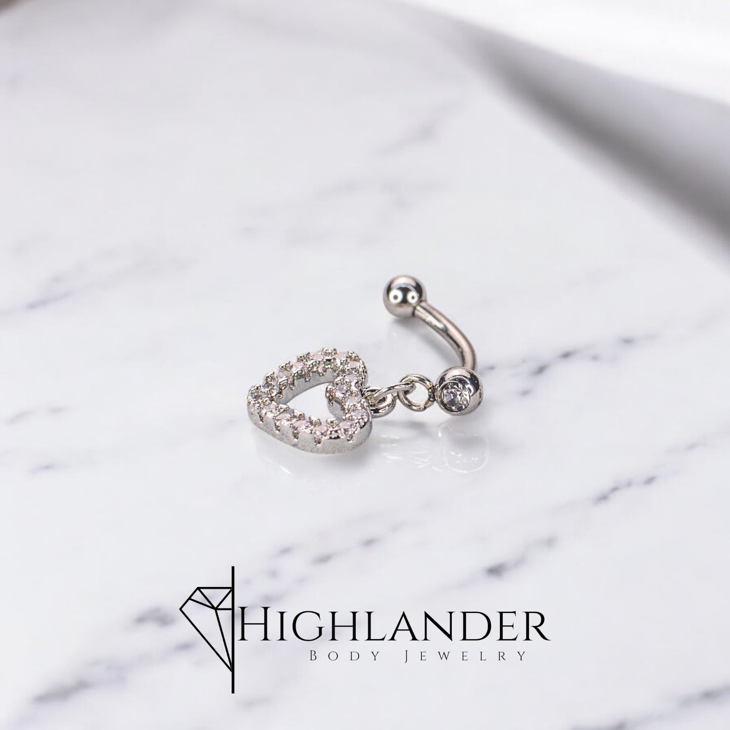 Clear CZ Paved Heart Outline Dangle Eyebrow Curved Barbell