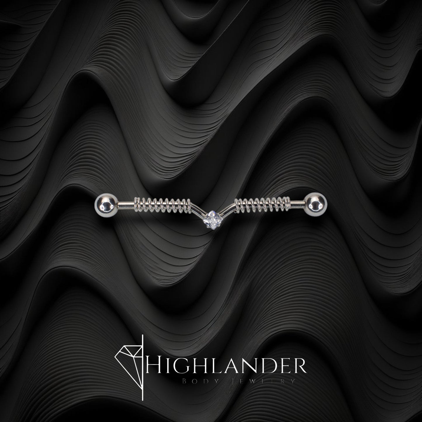 Spring Coil with Clear CZ Square Gem Industrial Barbell