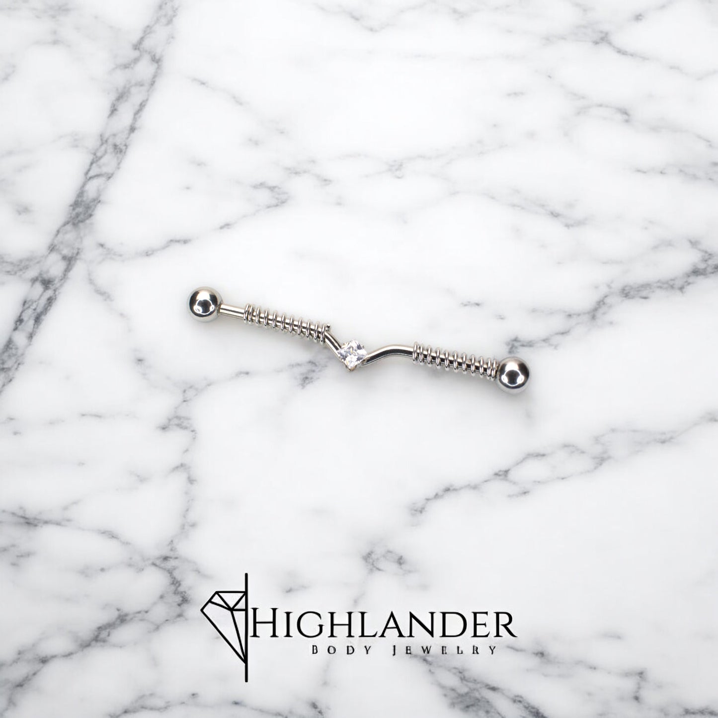 Spring Coil with Clear CZ Square Gem Industrial Barbell