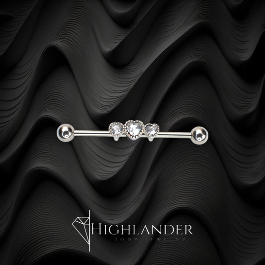 Triple CZ Heart Industrial Barbell