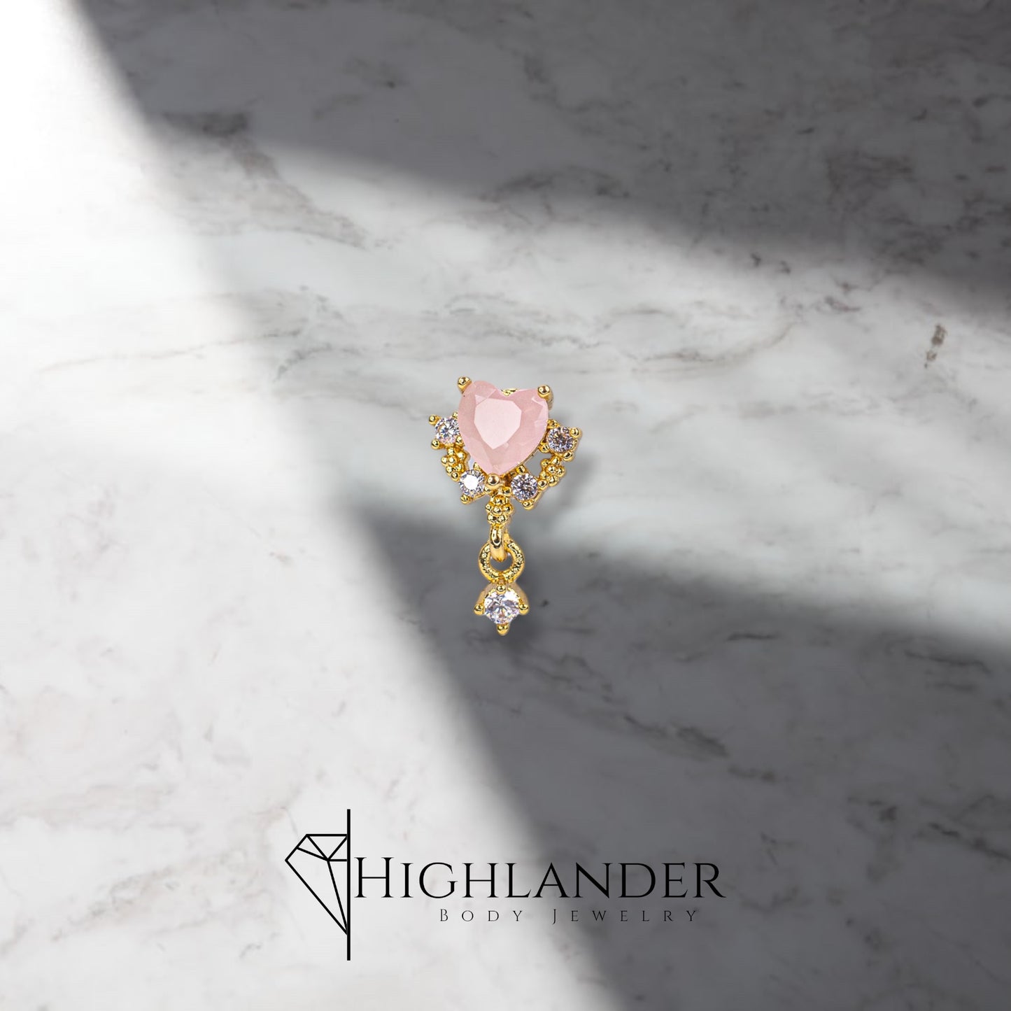 Gold Pink Agate Faceted Heart and Clear CZ Nose Stud