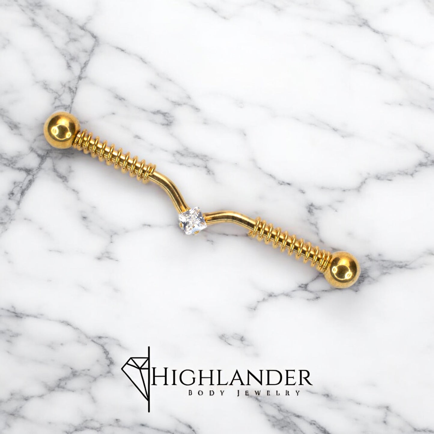 Gold PVD Spring Coil with Clear CZ Square Gem Industrial Barbell