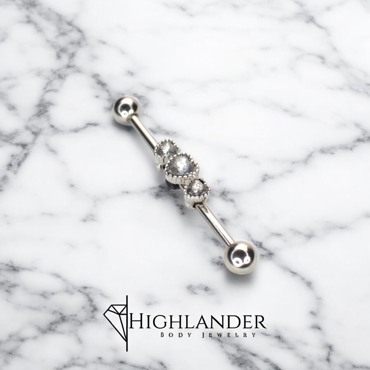 Triple CZ Heart Industrial Barbell