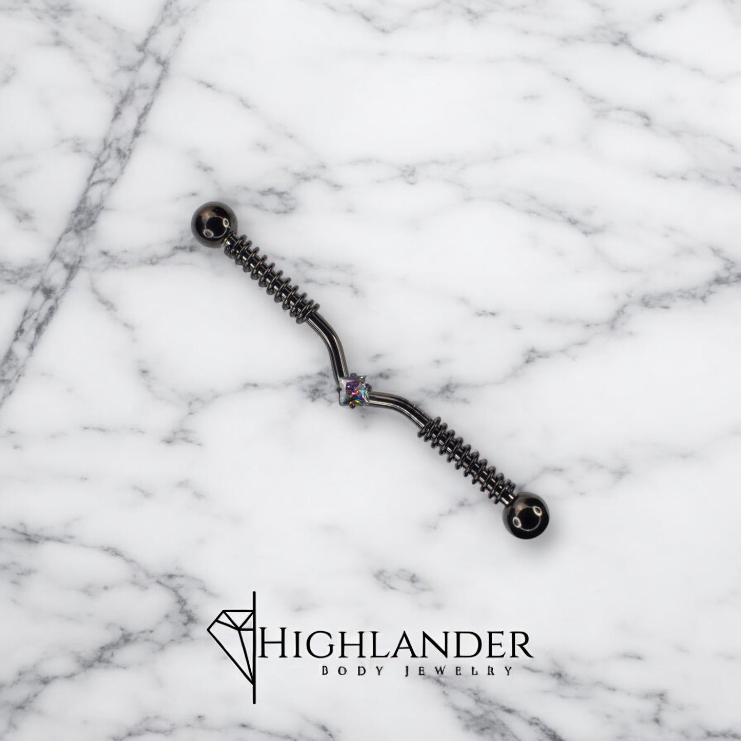 Black PVD Spring Coil with Vitrail Medium CZ Square Gem Industrial Barbell