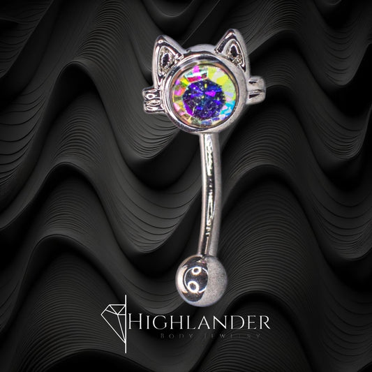 Round Aurora Borealis CZ with Kitty Ears Eyebrow Curved Barbell