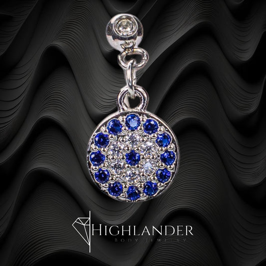 Clear CZ with Sapphire CZ Paved Disc Dangle Eyebrow Curved Barbell