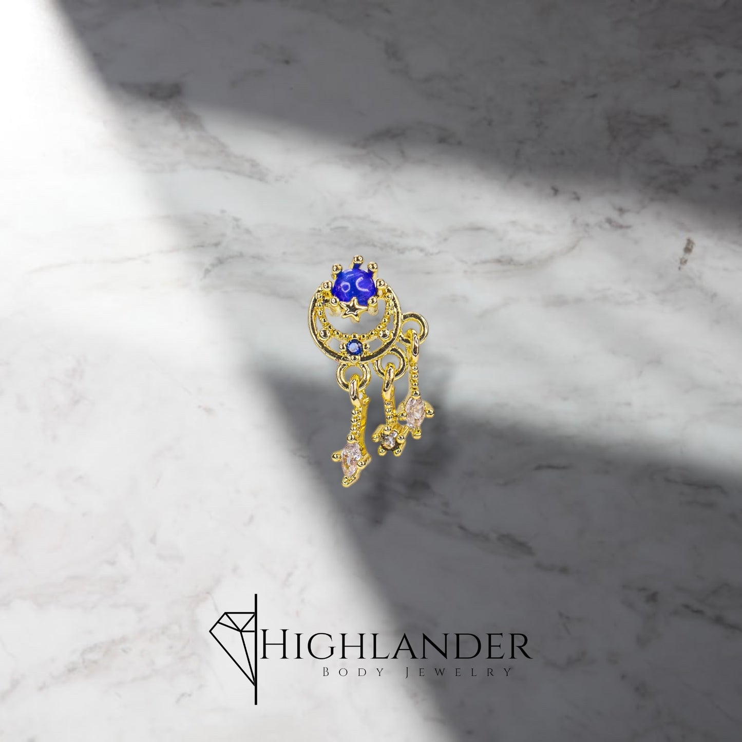 Gold Clear CZ and Sapphire CZ Moon and Star Dreamcatcher Nose Stud