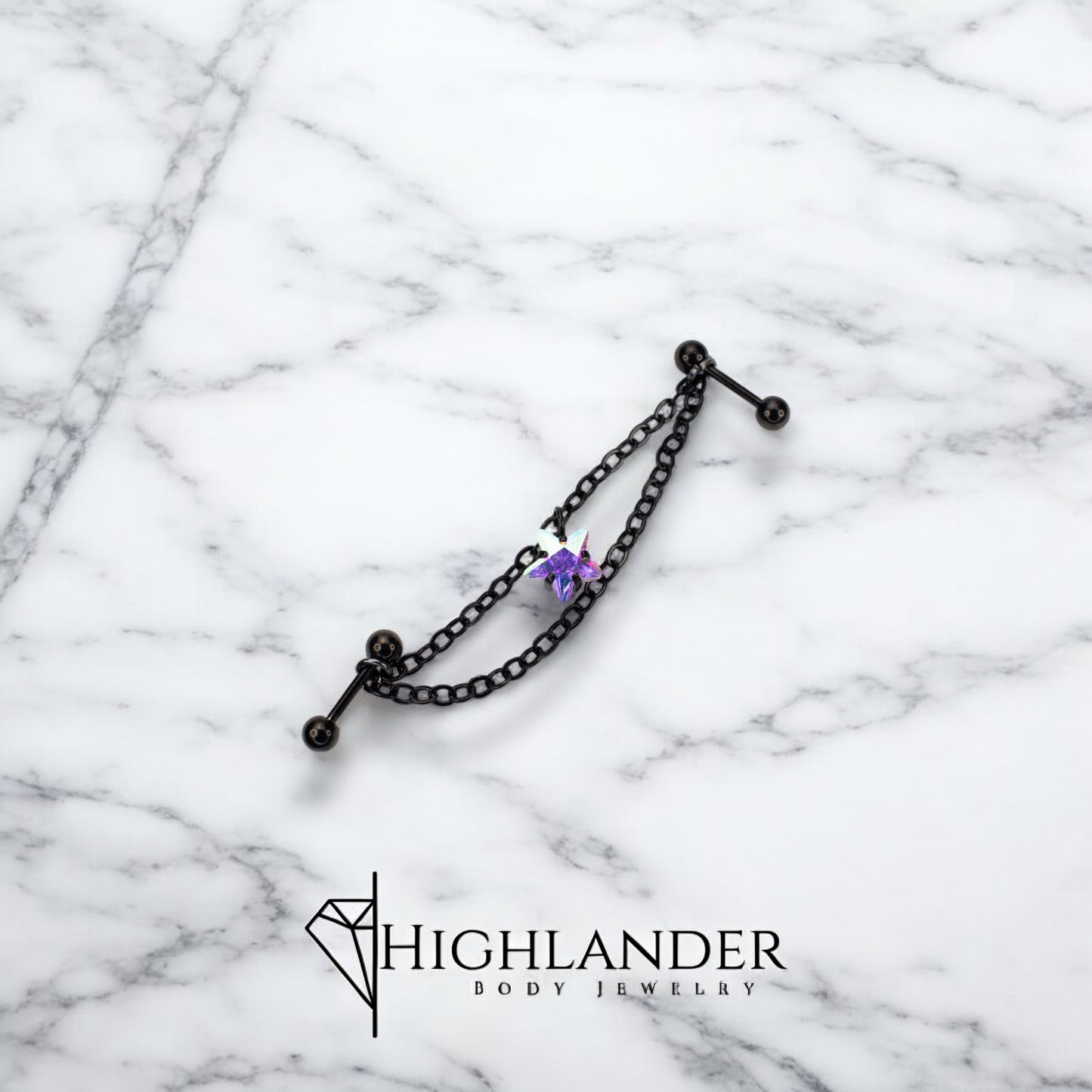 Black Chain with Aurora Borealis CZ Star Industrial Barbell