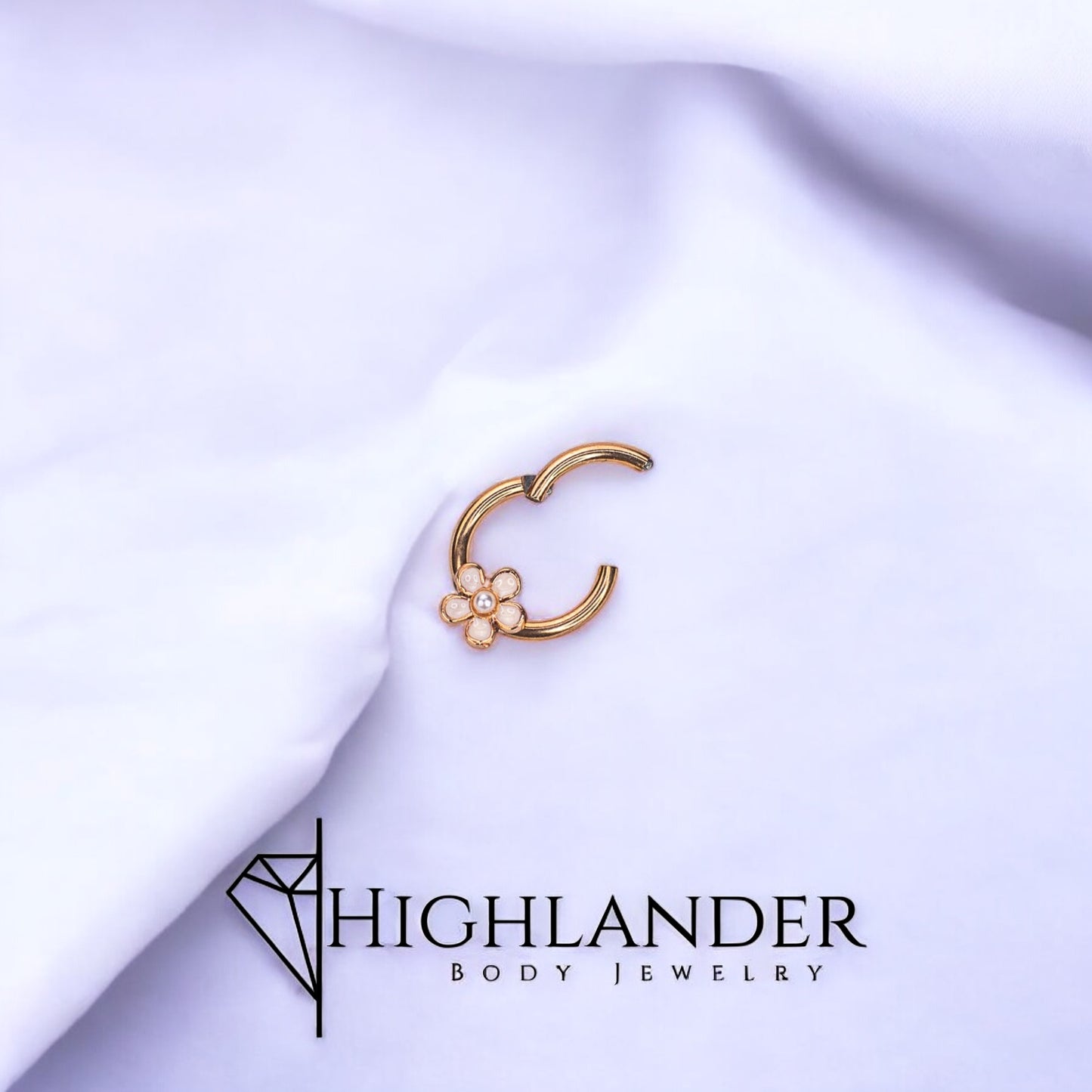 Rose Gold White Enamel Flower with Clear CZ Septum Clicker Ring